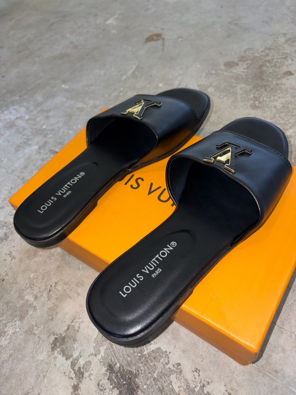 Louis Vuitton Black Slide Sandals with Gold LV Emblem - Picture 2 of 3